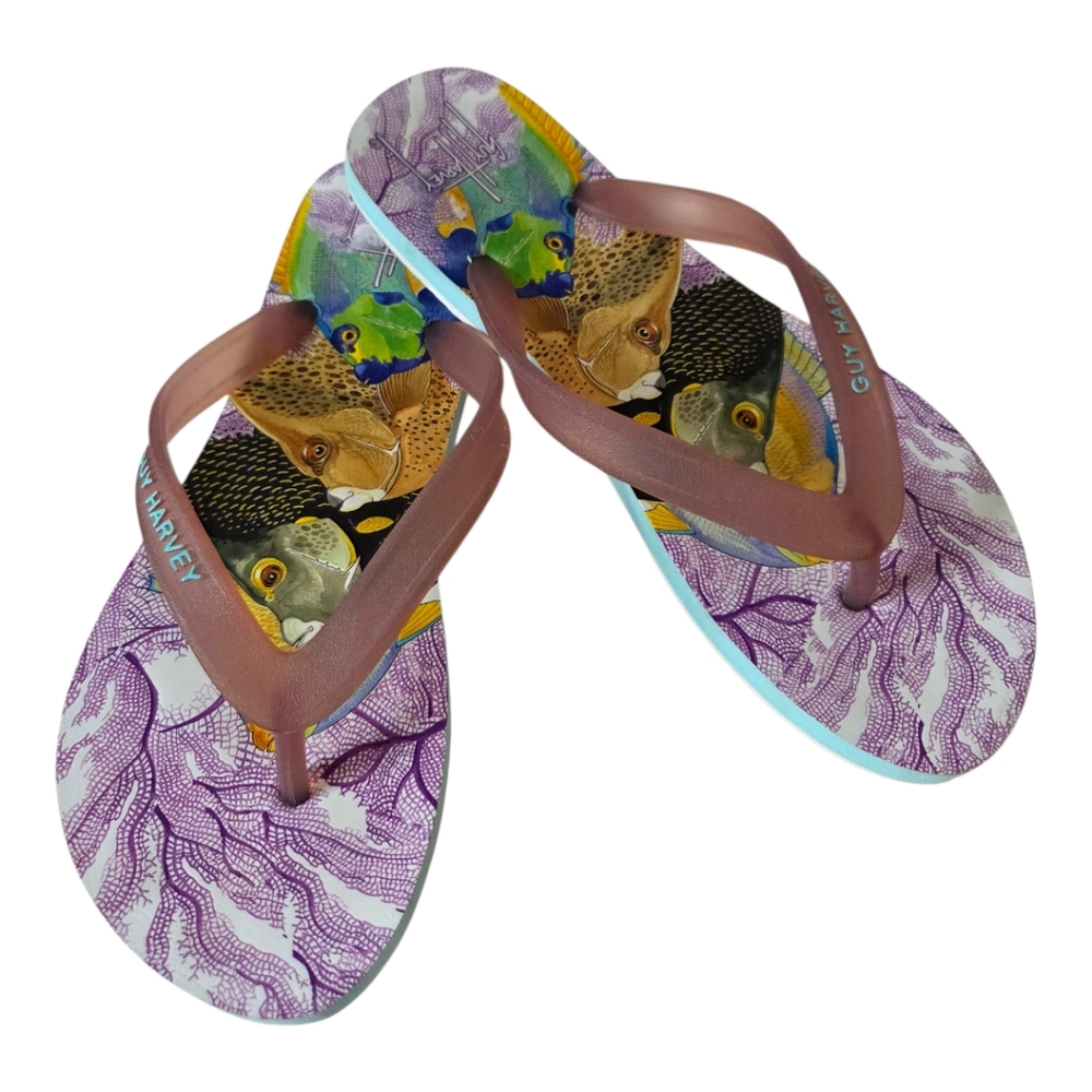Guy Harvey Purple Flip Flops Sandal Cayman Angel Fish Beach Pool Womens Size 9